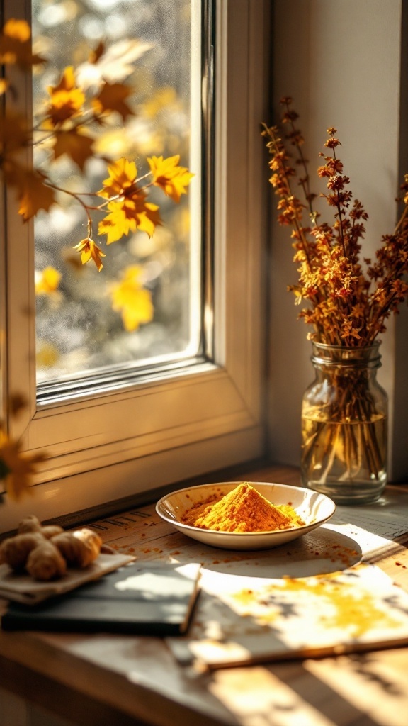 A warm and inviting kitchen scene featuring turmeric powder in a bowl, ginger, and a vase of dried flowers by the window