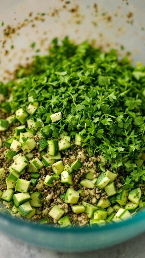 Chopped zucchini, bell peppers, and herbs in a bowl.