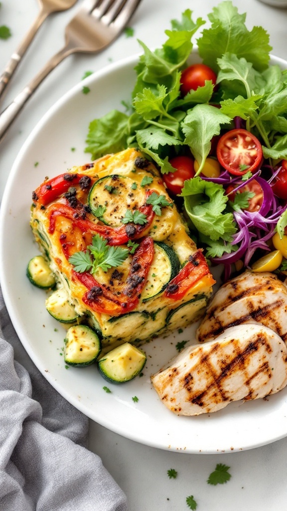 A delicious zucchini and bell pepper herb bake served with grilled chicken and cherry tomatoes.