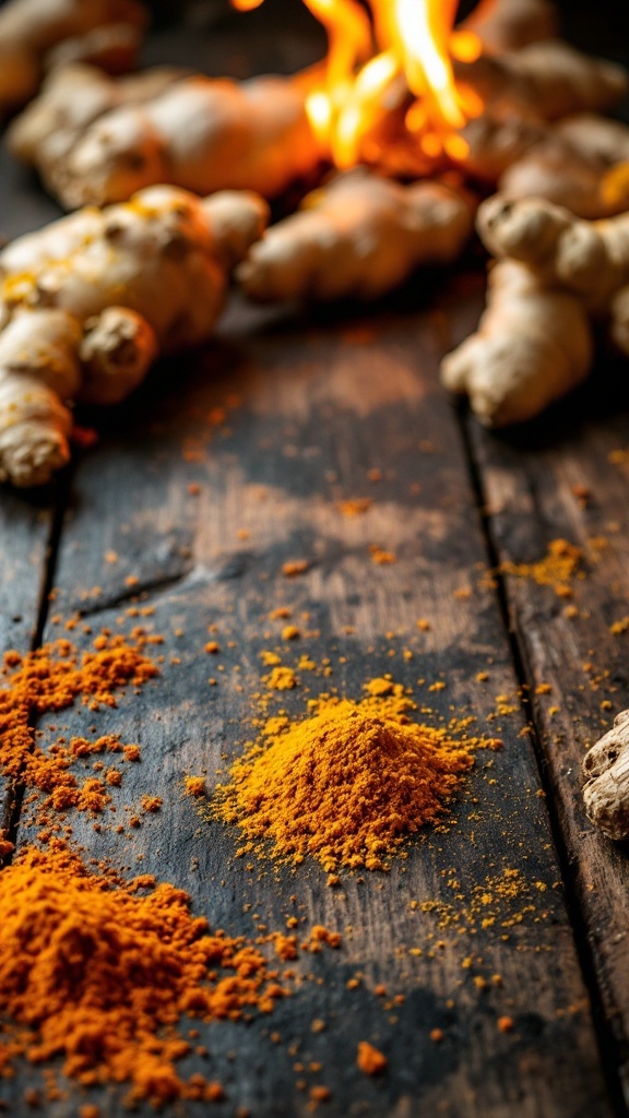 A close-up of ginger roots and turmeric powder on a wooden surface with flames in the background.