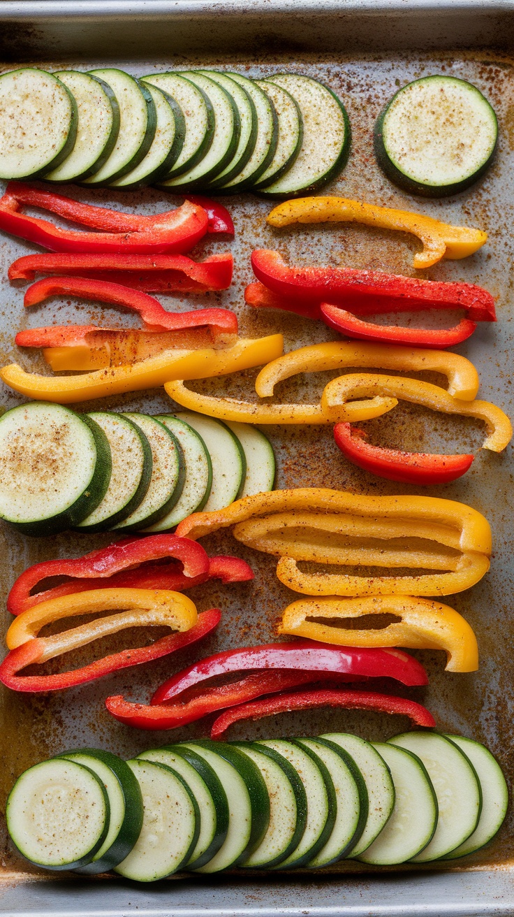 A tray of sliced zucchini and bell peppers, ready for roasting.